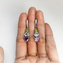 Load image into Gallery viewer, 8 mm. Heart Cut Purple Brazilian Amethyst, Peridot and Topaz Drop Earrings
