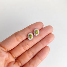 Load image into Gallery viewer, 4 x 6 mm. Oval Cut Green Pakistani Peridot with Cz Halo Earrings
