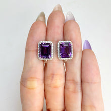 Load image into Gallery viewer, 8 x 10 mm. Octagon Cut Purple Uruguayan Amethyst with Cz Halo Earrings
