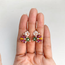 Load image into Gallery viewer, 8 mm. Carved Flower Mother of Pearl, Rhodolite Garnet with Cz Accents Drop Bee Earrings