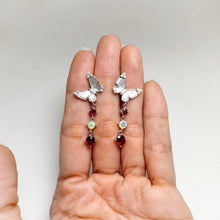 Load image into Gallery viewer, 5 mm. Round Cut Purple African Rhodolite Garnet, Mother of Pearl, Opal with Cz Accents Butterfly Drop Earrings