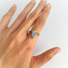 Load image into Gallery viewer, Handmade 6.5 x 12.5 mm. Freeform Multi-coloured Lightning Ridge Australian Opal with Sapphire Accents Ring