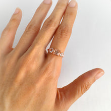 Load image into Gallery viewer, 6 mm. Cushion Cut Light Pink Brazilian Morganite and Topaz Trilogy Ring