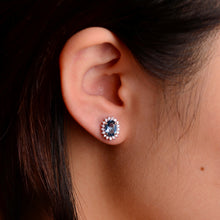 Load image into Gallery viewer, 5 x 7 mm. Oval Cut London Blue Brazilian Topaz with Cz Accents Earrings