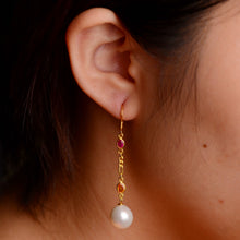 Load image into Gallery viewer, 3 x 4 mm. Oval Cut Multi-coloured Songea Sapphire and Baroque Freshwater Pearl Drop Earrings