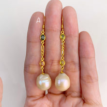Load image into Gallery viewer, 3 x 4 mm. Oval Cut Multi-coloured Songea Sapphire and Baroque Freshwater Pearl Drop Earrings