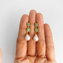 Load image into Gallery viewer, 8 mm. Freshwater Pearl and Emerald Drop Earrings
