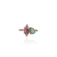 Load image into Gallery viewer, Handmade 5 x 7 mm. Oval Cut Green Brazilian Emerald and Amethyst Ring
