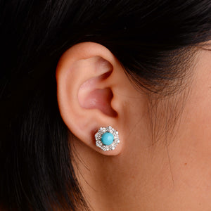 6 mm. Round Cabochon Blue American Turquoise with Cz Accents Earrings