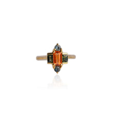 Load image into Gallery viewer, Handmade 4.5 x 7 mm. Baguette Cut Orange Namibian Spessartine Garnet and Sapphire Cluster Ring

