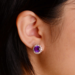 8 mm. Round Cut Purple Brazilian Amethyst with Cz Halo Earrings