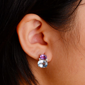 8 x 10 mm. Oval Cut Sky Blue Brazilian Topaz and Amethyst with Cz Accents Earrings