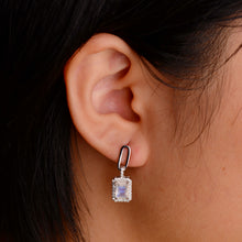 Load image into Gallery viewer, 5 x 7 mm. Octagon Cut White Indian Moonstone with Cz Halo Drop Earrings (Blemished)
