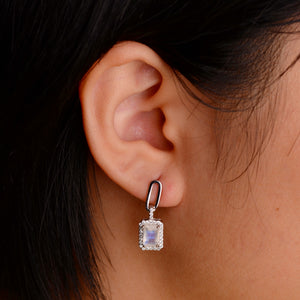 5 x 7 mm. Octagon Cut White Indian Moonstone with Cz Halo Drop Earrings (Blemished)