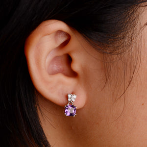 6 mm. Cushion Cut Purple Brazilian Amethyst with Cz Accents Drop Earrings