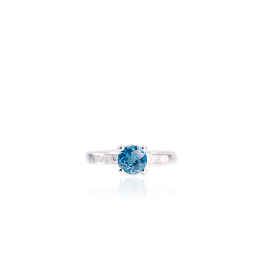 6 mm. Round Cut London Blue Brazilian Topaz with Cz Accents Ring