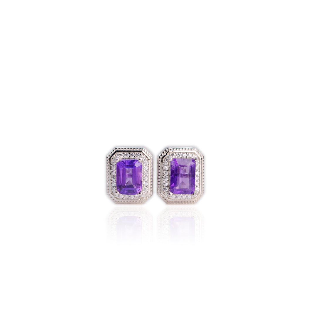 5 x 7 mm. Octagon Cut Purple Brazilian Amethyst with Cz Halo Earrings