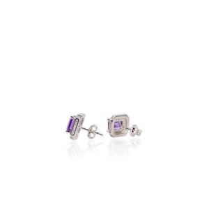 5 x 7 mm. Octagon Cut Purple Brazilian Amethyst with Cz Halo Earrings