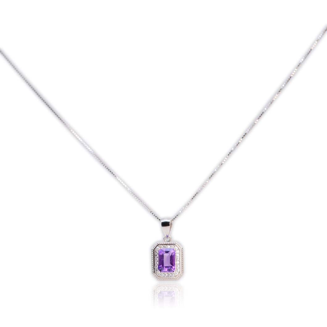 5 x 7 mm. Octagon Cut Purple Brazilian Amethyst with Cz Halo Pendant and Necklace
