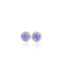 Load image into Gallery viewer, 7 mm. Round Cabochon Blue Violet Tanzanite with Cz Halo Earrings (Blemished)
