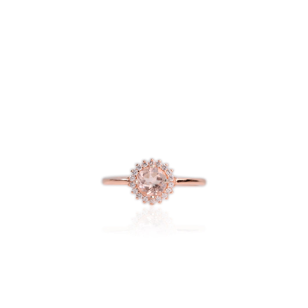 6 mm. Round Cut Light Peach Madagascan Morganite with Cz Accents Ring