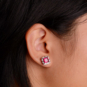 6 mm. Square Cut Purple African Rhodolite Garnet with Cz Accents Earrings