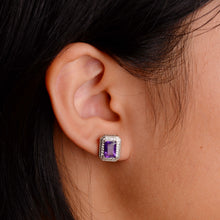 Load image into Gallery viewer, 5 x 7 mm. Octagon Cut Purple Brazilian Amethyst with Cz Halo Earrings
