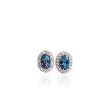 Load image into Gallery viewer, 4 x 6 mm. Oval Cut London Blue Brazilian Topaz with Cz Halo Earrings

