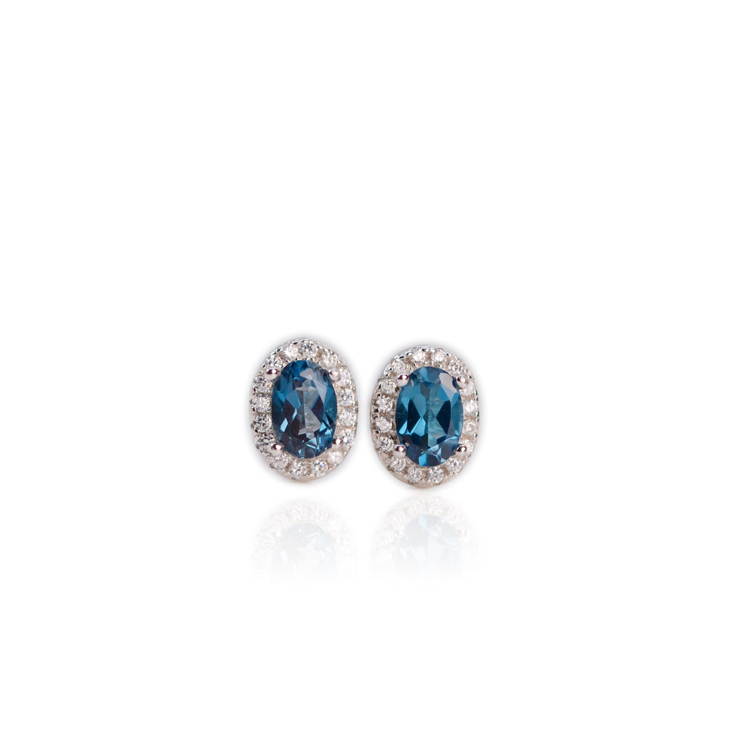 4 x 6 mm. Oval Cut London Blue Brazilian Topaz with Cz Halo Earrings