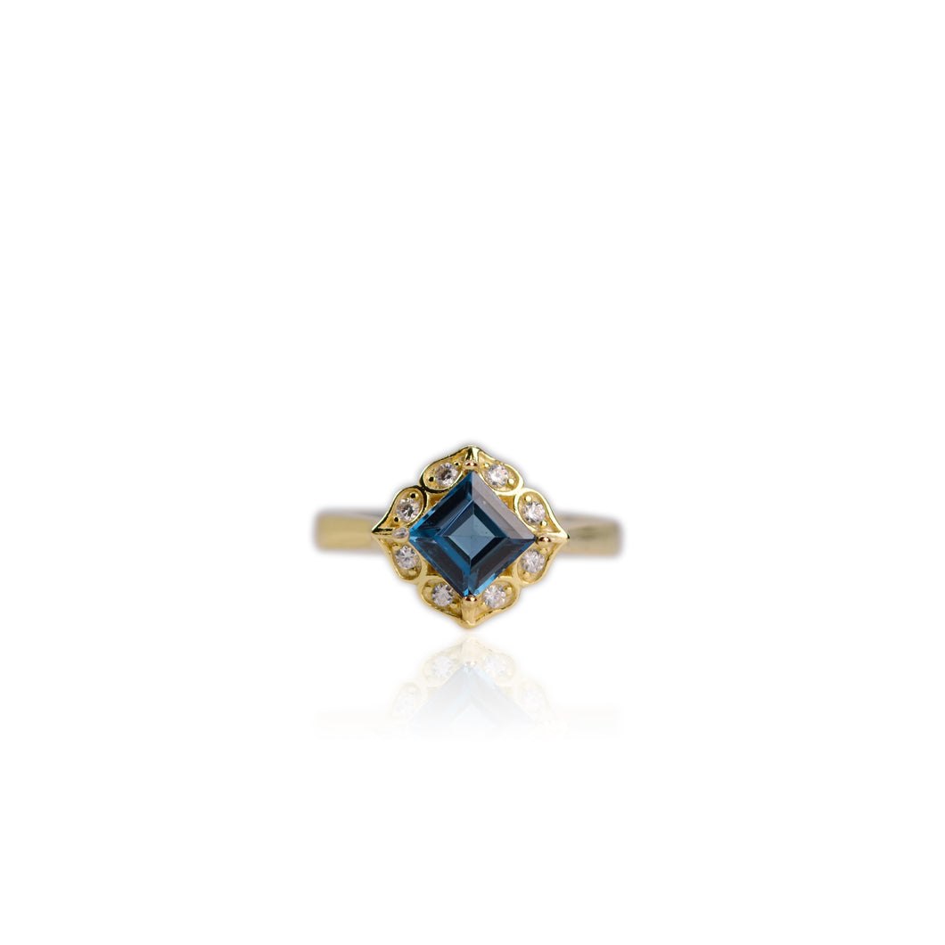 6 mm. Square Cut London Blue Brazilian Topaz with Cz Accents Ring