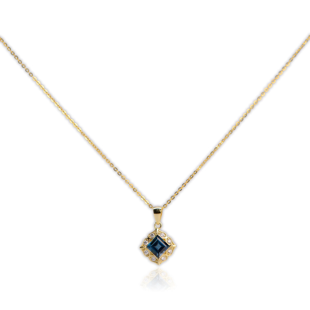 6 mm. Square Cut London Blue Brazilian Topaz with Cz Accents Pendant and Necklace
