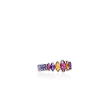 Load image into Gallery viewer, 4 x 8 mm. Marquise Cut Purple Rhodolite Garnet, Amethyst, Citrine and Tanzanite Cluster Ring
