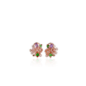 6.5 mm. Pink Carved Mother of Pearl and Amethyst with Cz Accents Earrings