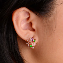 Load image into Gallery viewer, 6.5 mm. Pink Carved Mother of Pearl and Amethyst with Cz Accents Earrings
