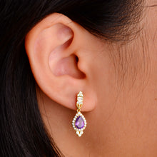 Load image into Gallery viewer, 5 x 7 mm. Pear Cut Purple Brazilian Amethyst with Cz Accents Drop Earrings
