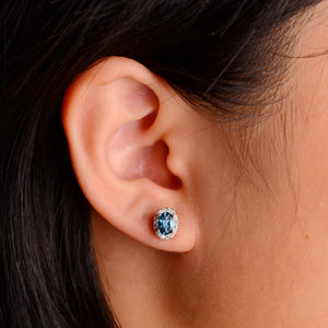 4 x 6 mm. Oval Cut London Blue Brazilian Topaz with Cz Halo Earrings