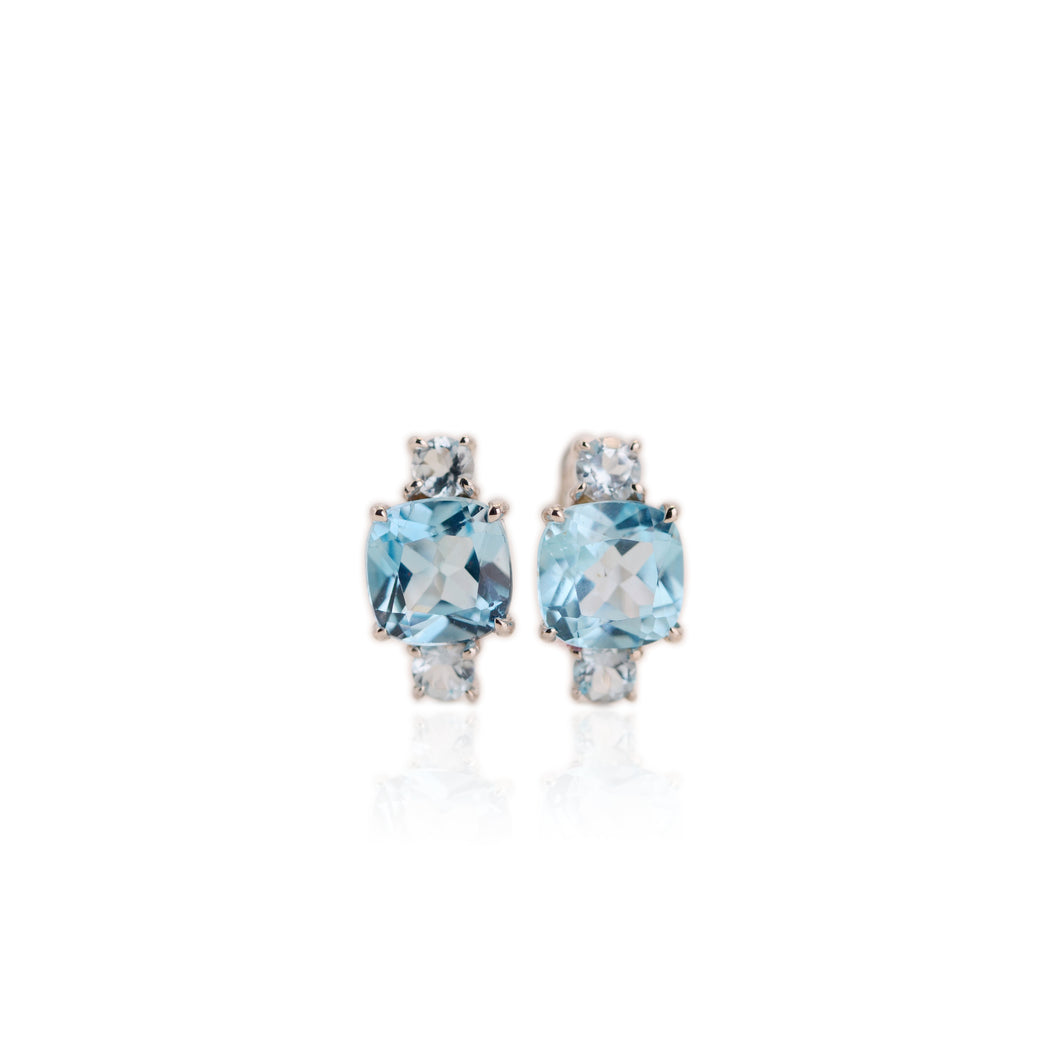 9 mm. Cushion Cut Sky Blue Brazilian Topaz Cluster Earrings