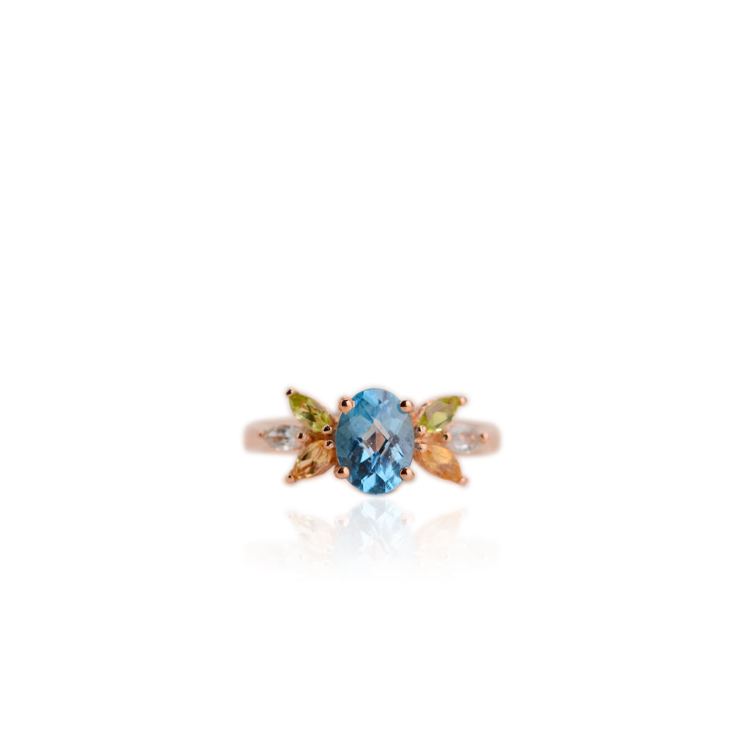 6 x 8 mm. Oval with Checkerboard Cut Swiss Blue Brazilian Topaz, Citrine and Peridot Cluster Ring