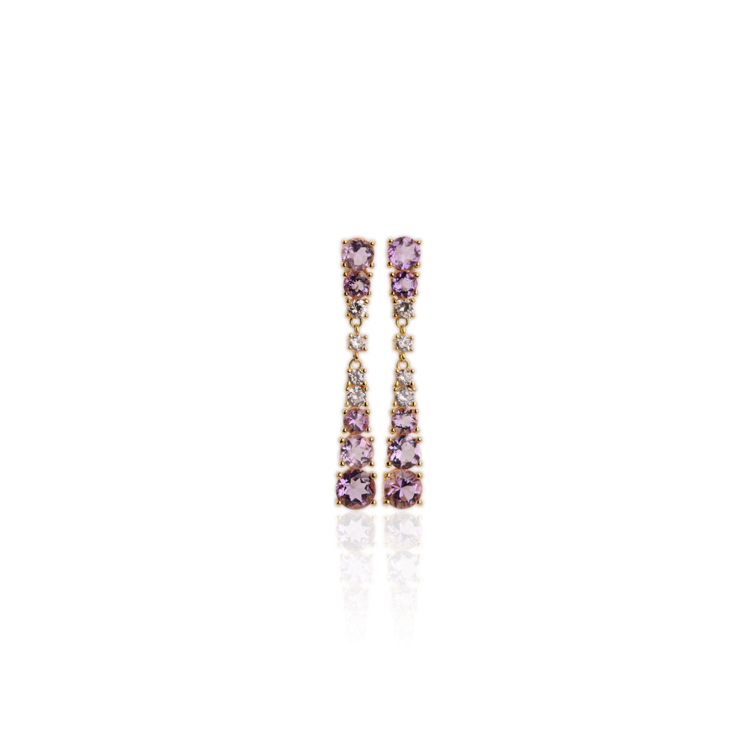 6 mm. Round Cut Purple Brazilian Amethyst with Cz Accents Drop Earrings