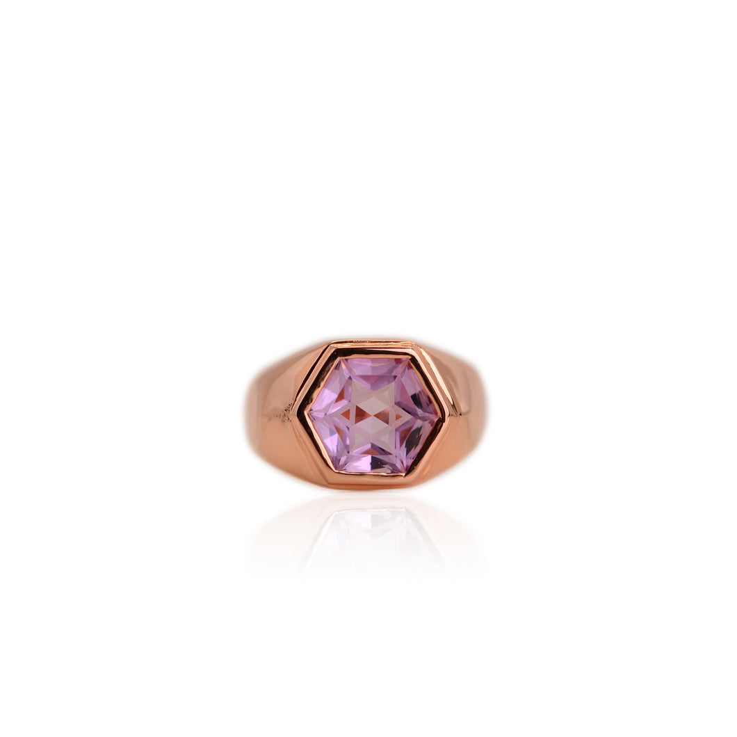 Handmade 9 mm. Carved Hexagon Cut VS Purple Brazilian Amethyst Ring