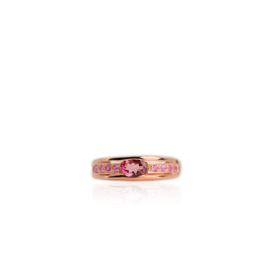 4 x 6 mm. Oval Cut Pink Brazilian Tourmaline with Sapphire Accents Ring (Blemished)