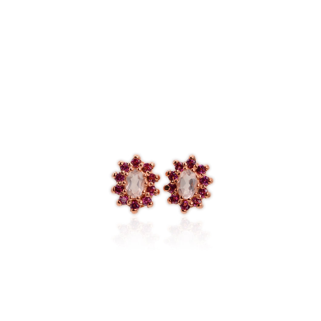 4 x 6 mm. Oval Cut Pink African Rose Quartz and Rhodolite Garnet Cluster Earrings