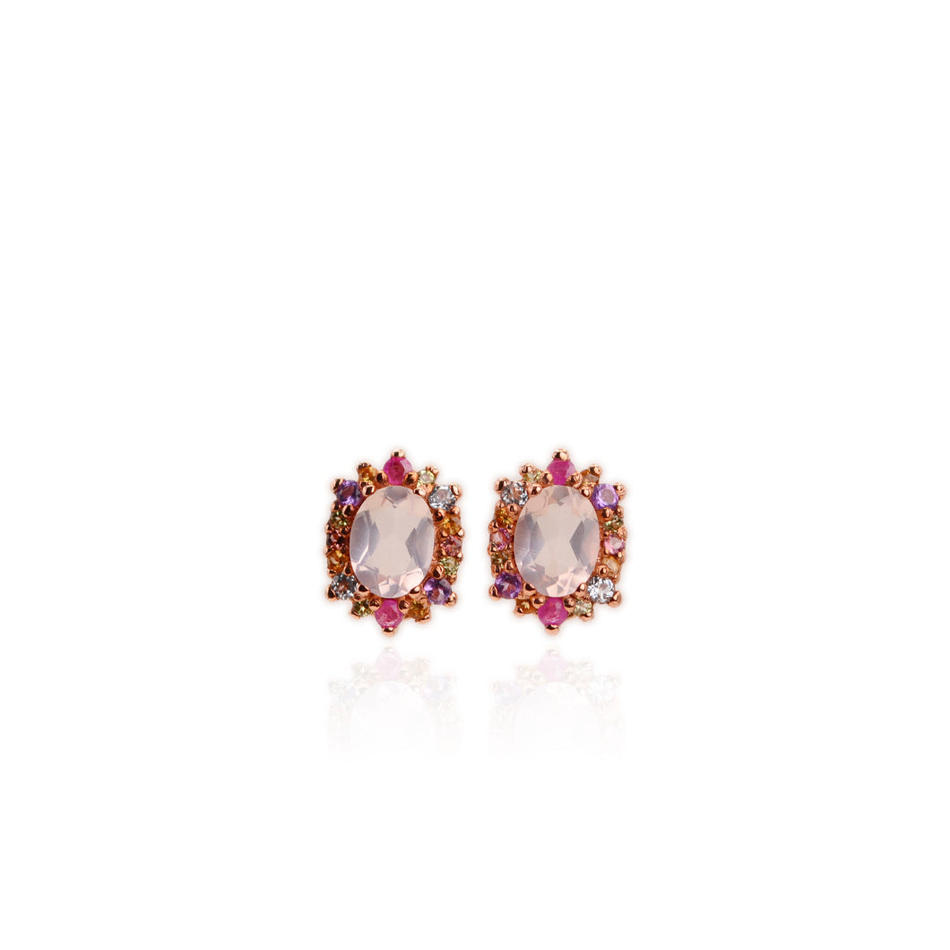 6 x 8 mm. Oval Cut Pink African Rose Quartz, Topaz, Peridot, Citrine, Ruby, Amethyst and Tourmaline Cluster Earrings