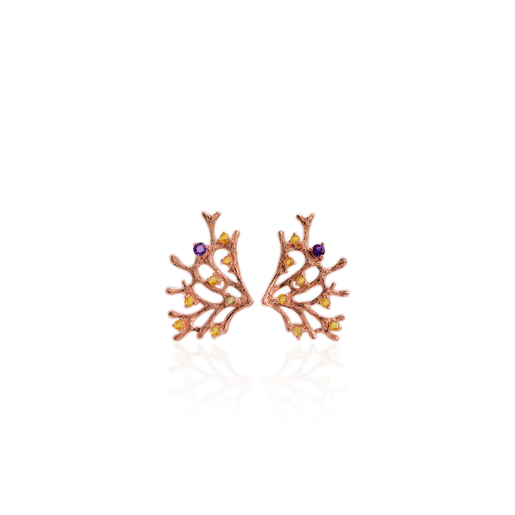 3 mm. Round Cut Yellow Songea Sapphire and Amethyst Cluster Earrings