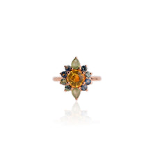 Load image into Gallery viewer, Handmade 7 mm. Round Cut Yellow Madagascan Sphene and Sapphire Cluster Ring
