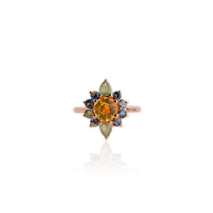 Handmade 7 mm. Round Cut Yellow Madagascan Sphene and Sapphire Cluster Ring
