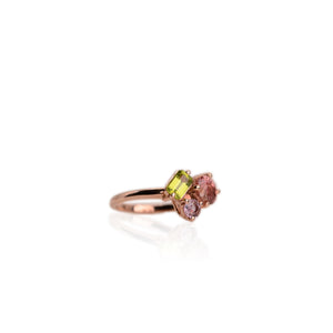 Handmade 6 x 7 mm. Oval Cut Pink Mozambican Tourmaline, Peridot and Sapphire Cluster Ring