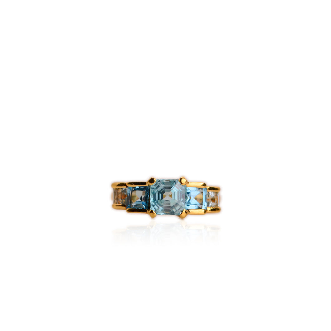 Handmade 6 mm. Asscher Cut Blue Cambodian Zircon and Topaz Cluster Ring (Blemished)