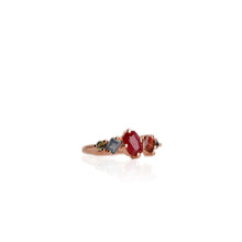 Load image into Gallery viewer, Handmade 5 x 7 mm. Cushion Cut Red Mozambican Ruby, Garnet and Sapphire Cluster Ring
