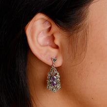 Load image into Gallery viewer, 4 mm. Heart Cut Purple Brazilian Amethyst and Marcasite Drop Earrings
